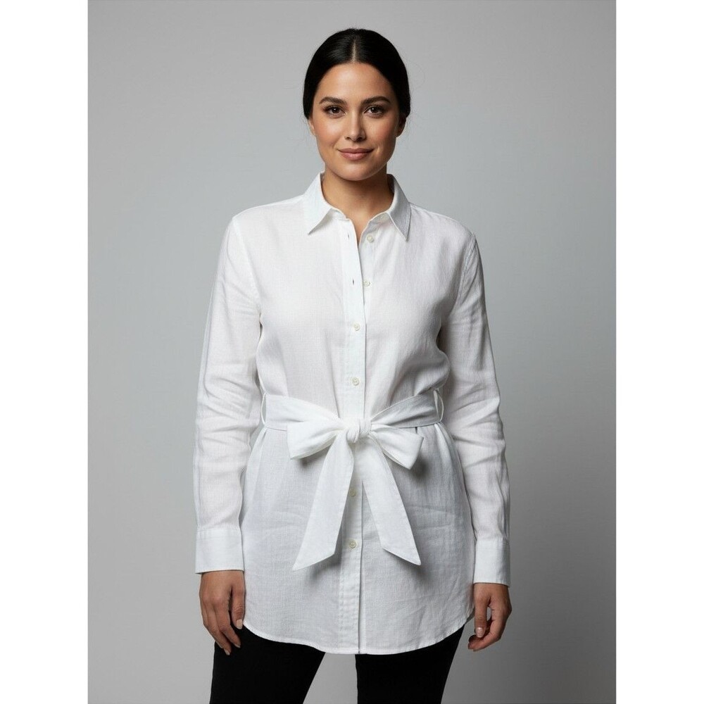 Lauren Ralph Lauren Black Label Small Petite SP White 100% Linen Belt Top Shirt